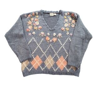 Needles & Yarn Floral Embroidered Sweater Womens Medium Blue Argyle Ramie Knit